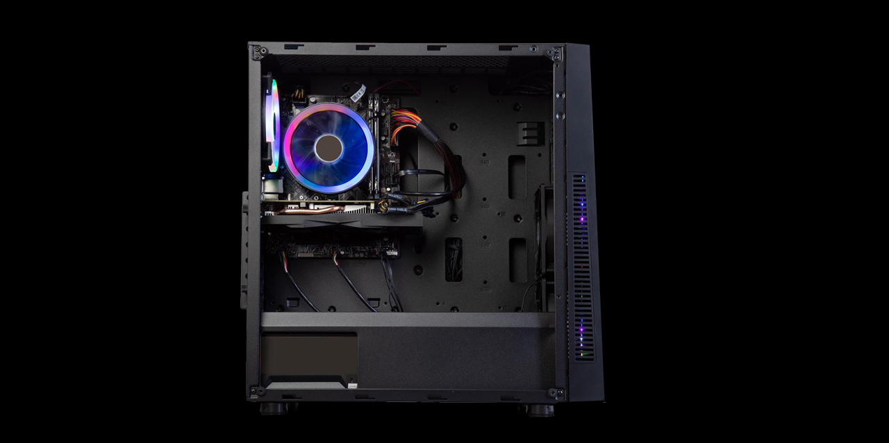 An ABS Challenger Gaming PC has its transparent side panel removed and facing front.